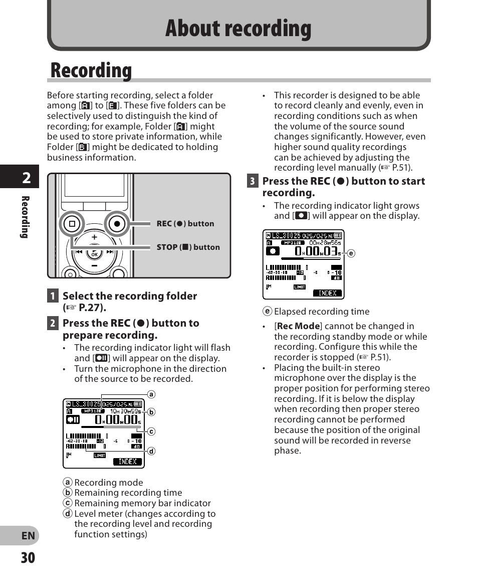 About recording, Recording | Olympus LS-3 User Manual | Page 30 / 103