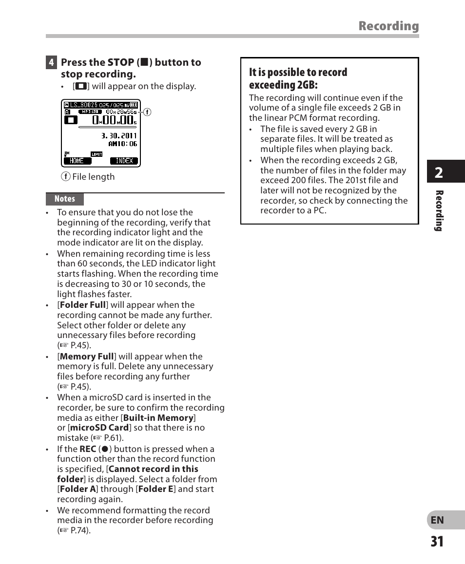 Recording | Olympus LS-3 User Manual | Page 31 / 103