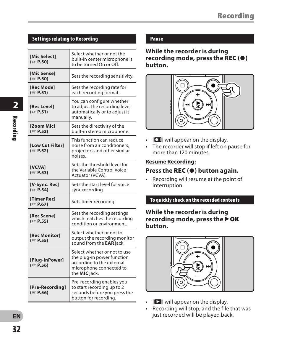Recording, Re cording, Press the rec ( s ) button again | Olympus LS-3 User Manual | Page 32 / 103