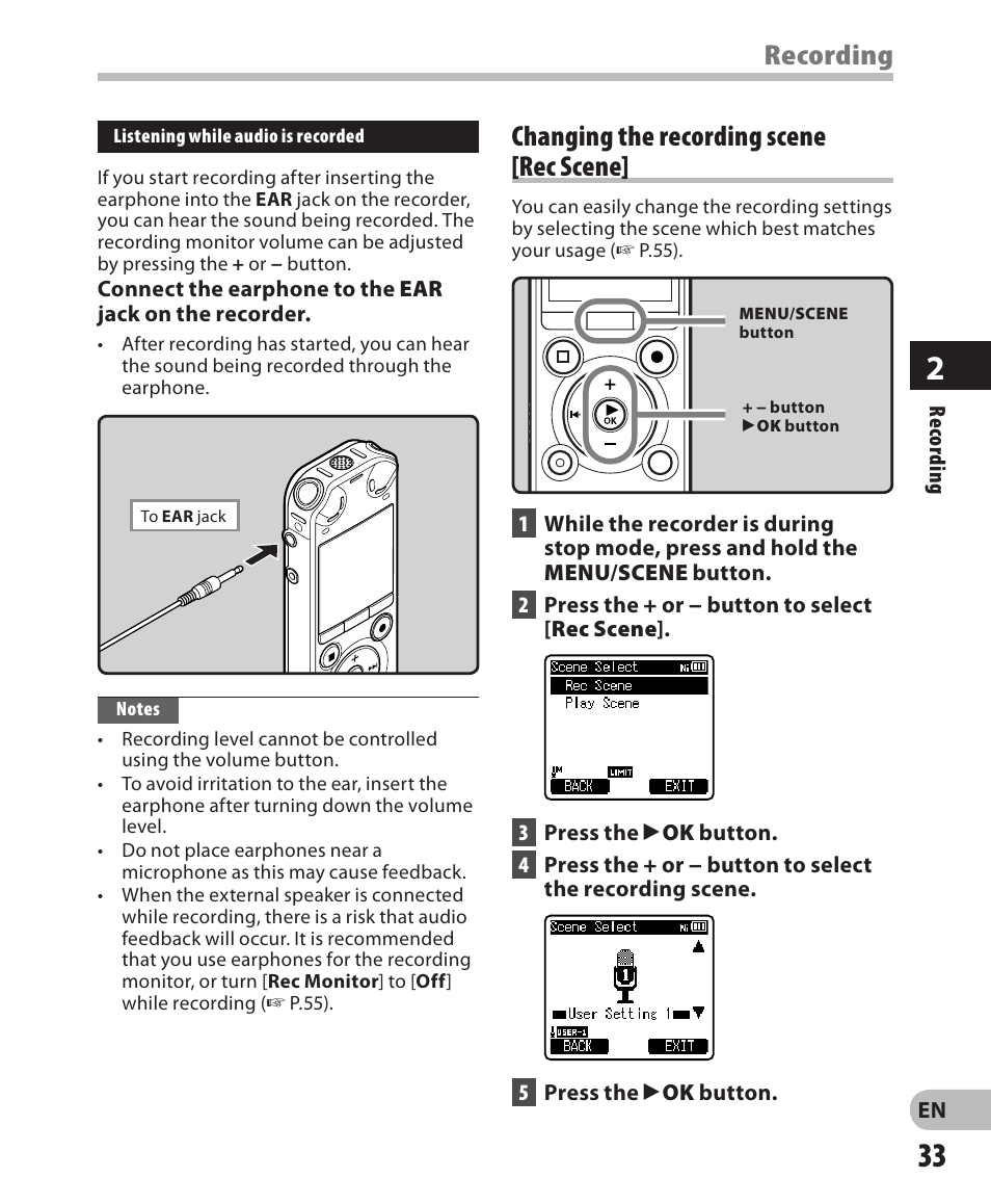 Recording changing the recording scene [rec scene | Olympus LS-3 User Manual | Page 33 / 103