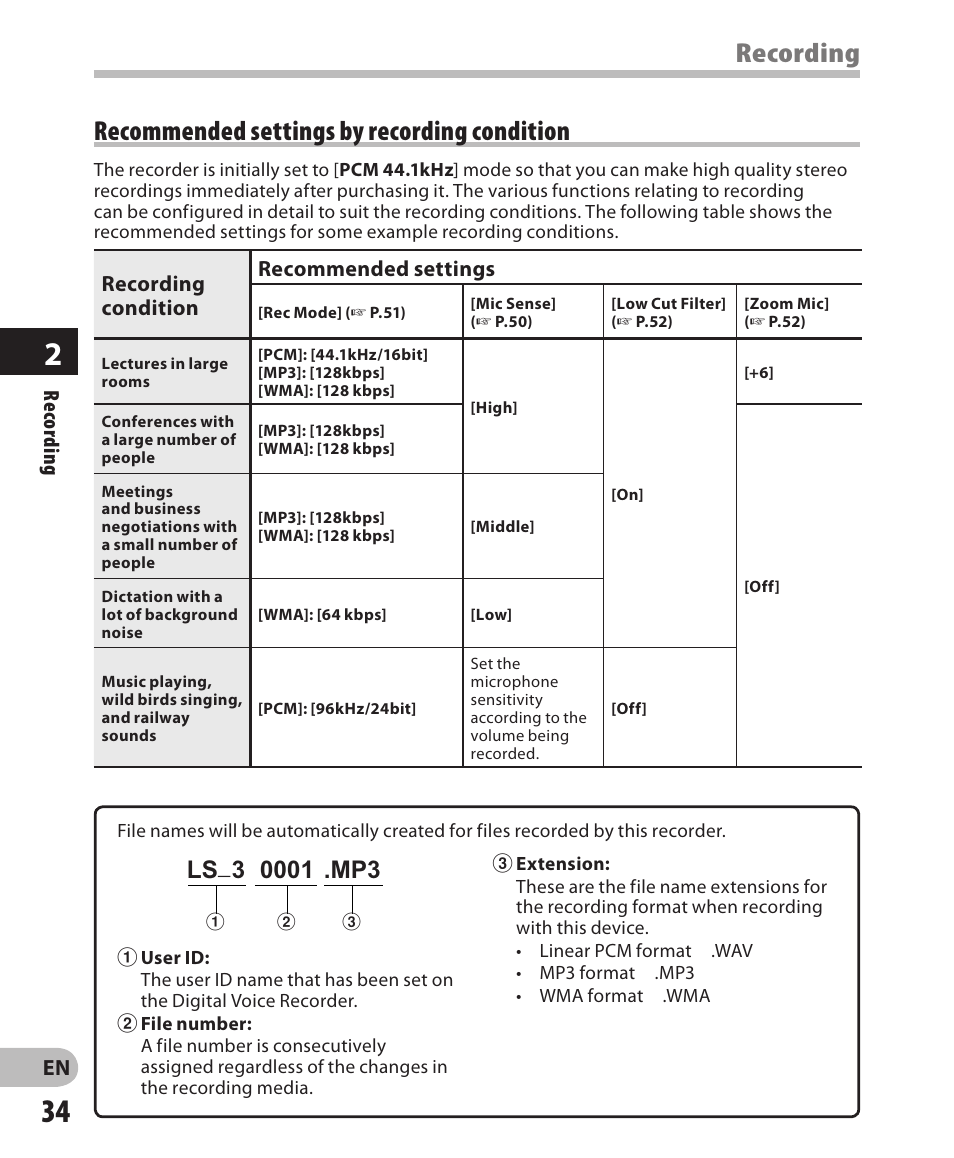 Recording, Recommended settings by recording condition | Olympus LS-3 User Manual | Page 34 / 103