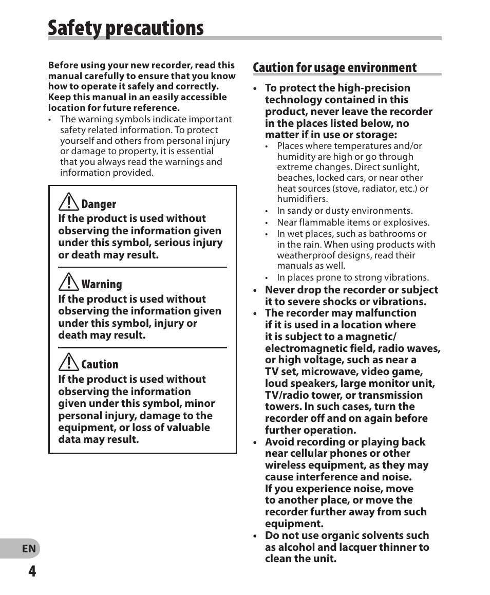 Safety precautions, Caution for usage environment | Olympus LS-3 User Manual | Page 4 / 103