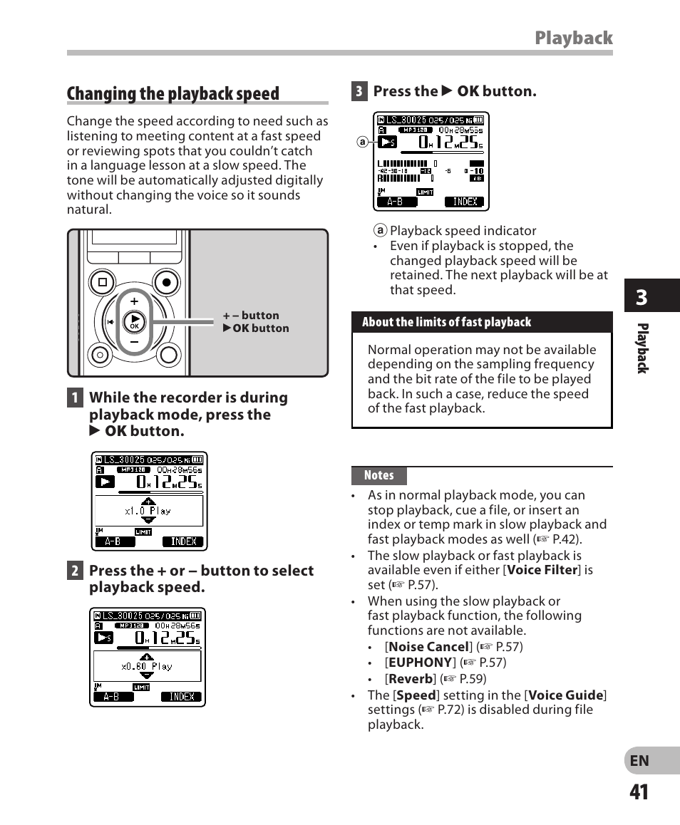 Playback, Changing the playback speed | Olympus LS-3 User Manual | Page 41 / 103