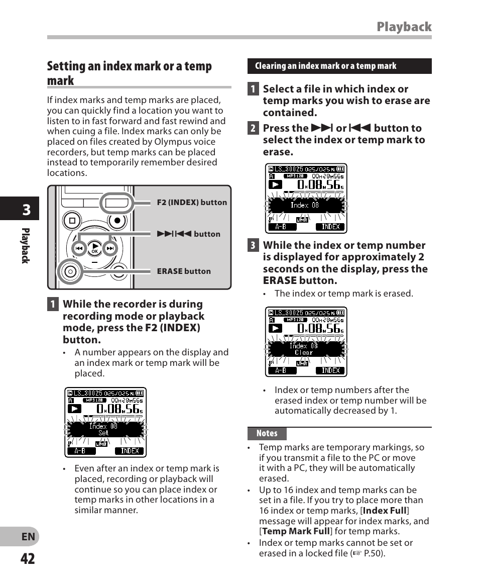 Playback, Setting an index mark or a temp mark | Olympus LS-3 User Manual | Page 42 / 103