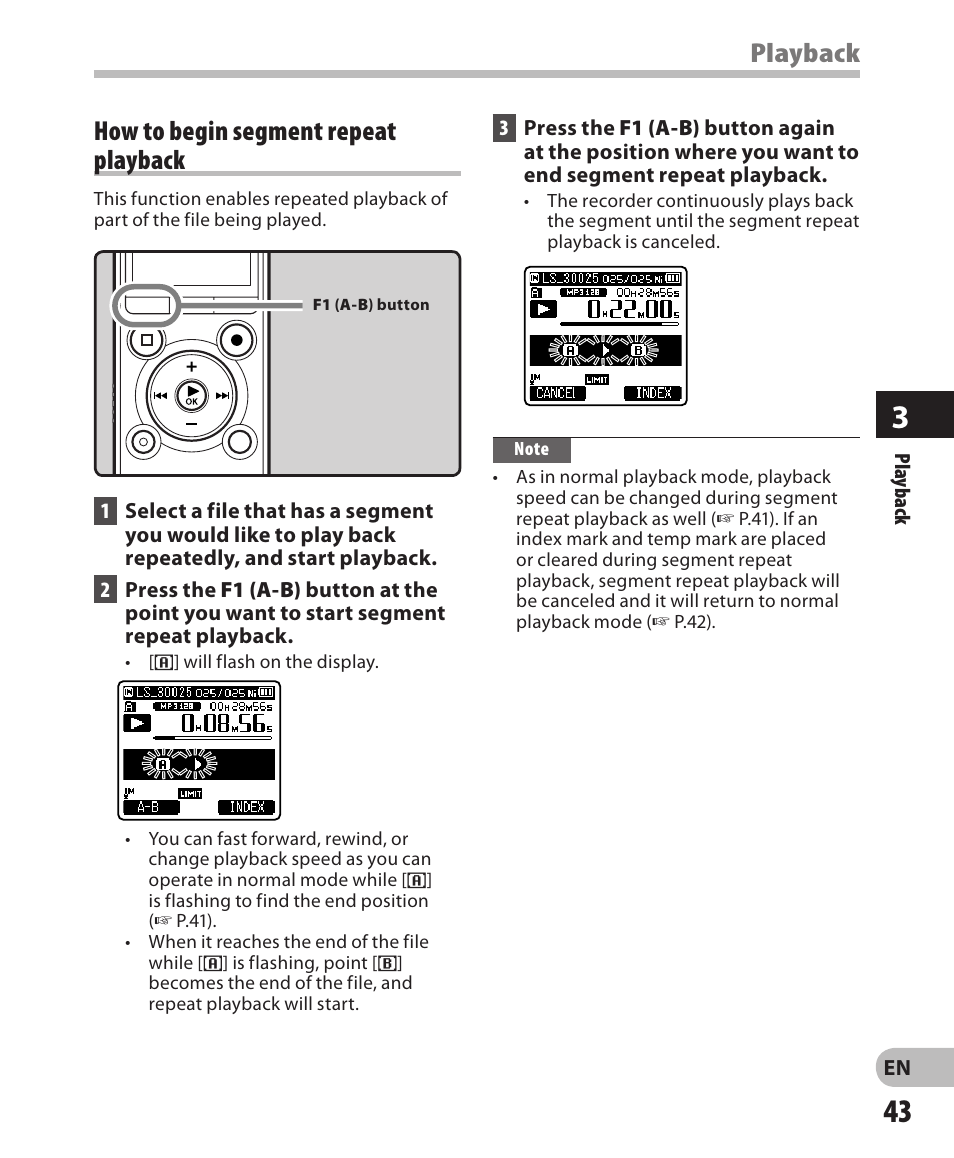 Playback, How to begin segment repeat playback | Olympus LS-3 User Manual | Page 43 / 103