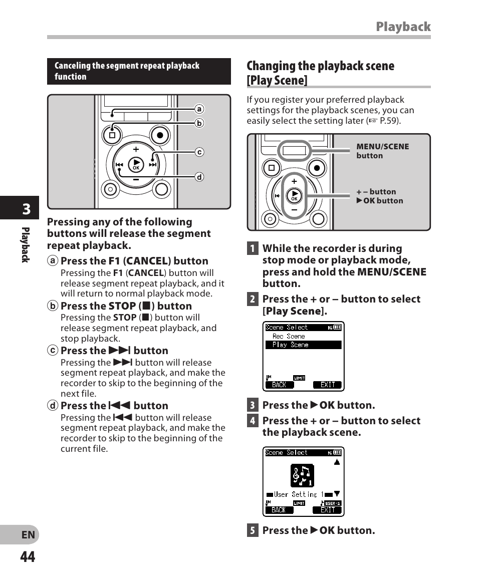 Playback, Changing the playback scene [play scene | Olympus LS-3 User Manual | Page 44 / 103