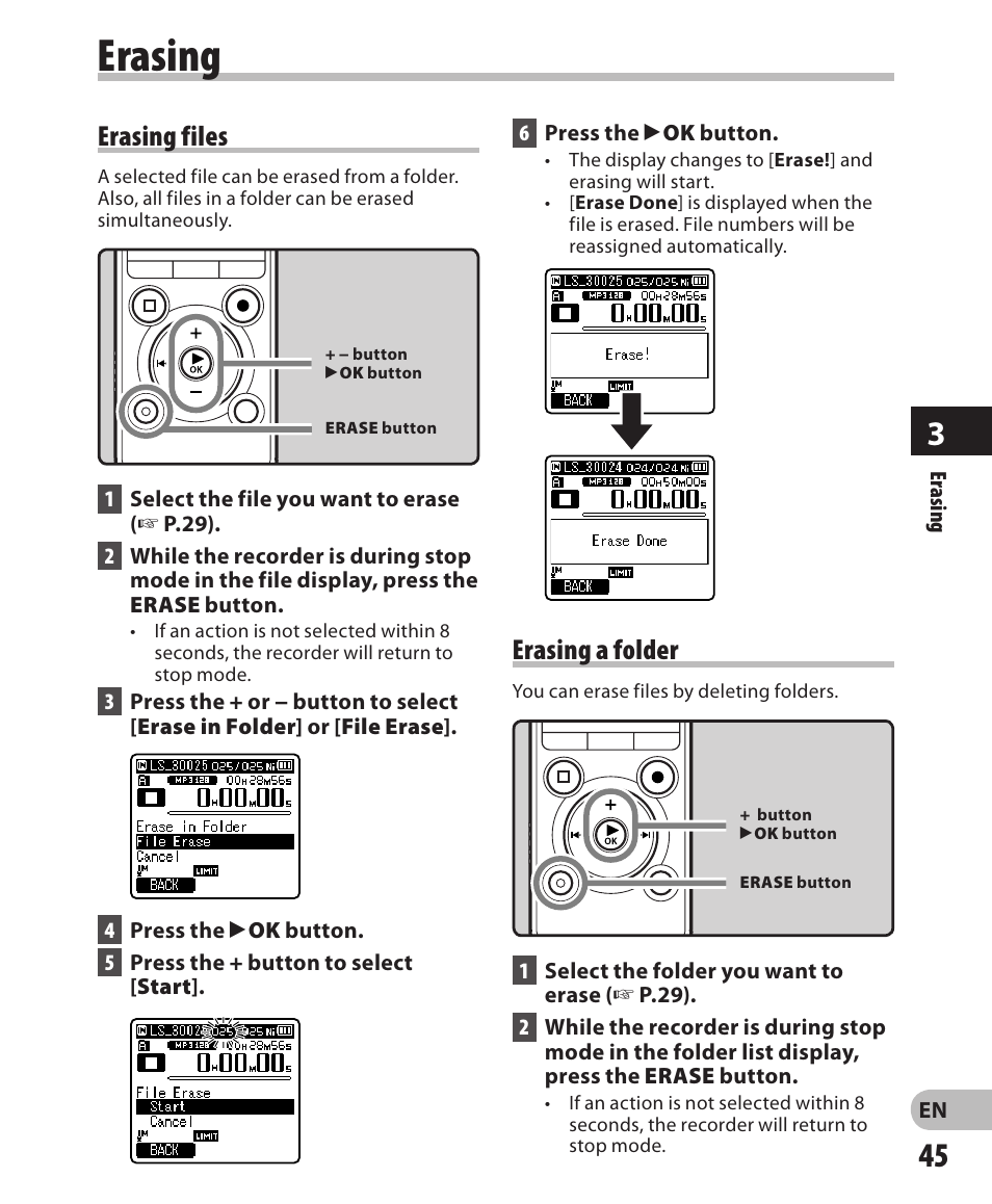 Erasing, Erasing files, Erasing a folder | Olympus LS-3 User Manual | Page 45 / 103