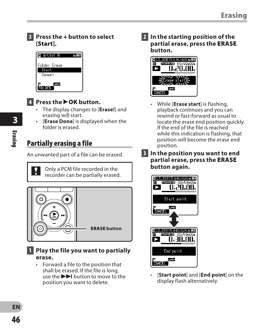 Erasing, Partially erasing a file | Olympus LS-3 User Manual | Page 46 / 103