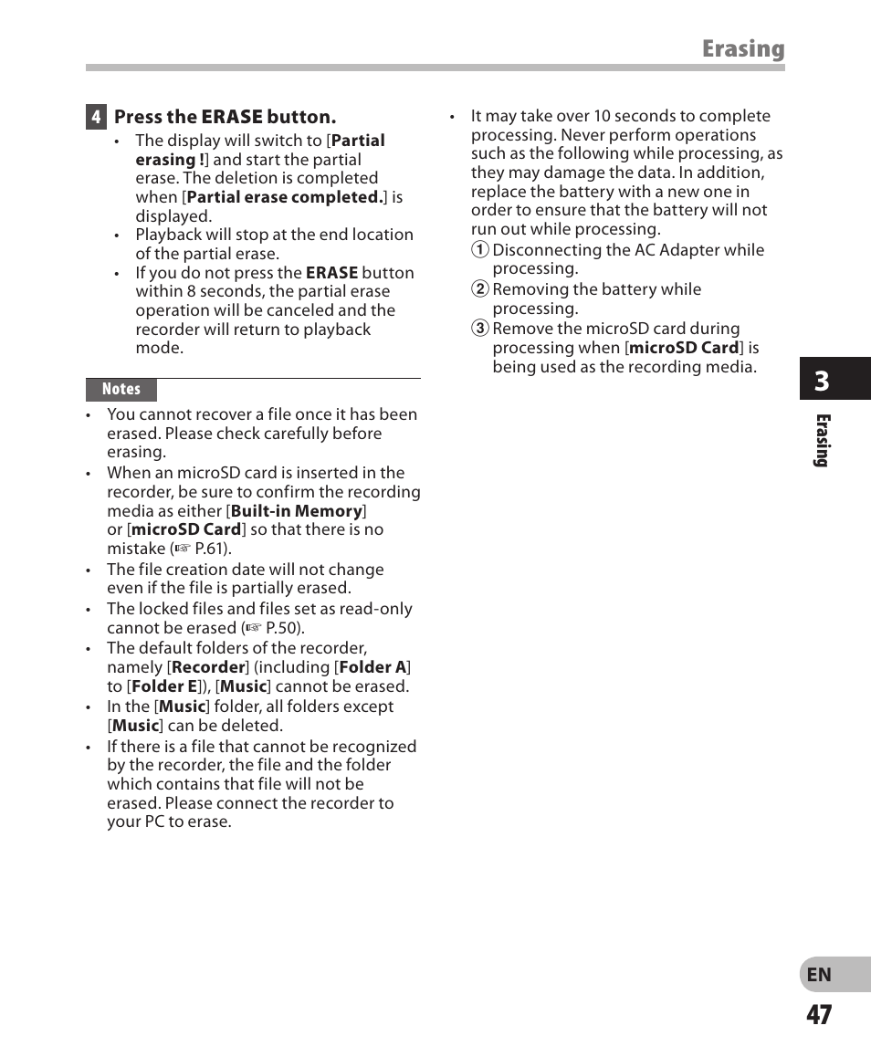 Erasing | Olympus LS-3 User Manual | Page 47 / 103