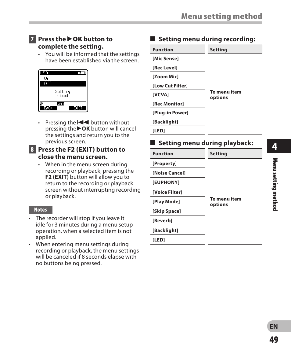 Menu setting method | Olympus LS-3 User Manual | Page 49 / 103