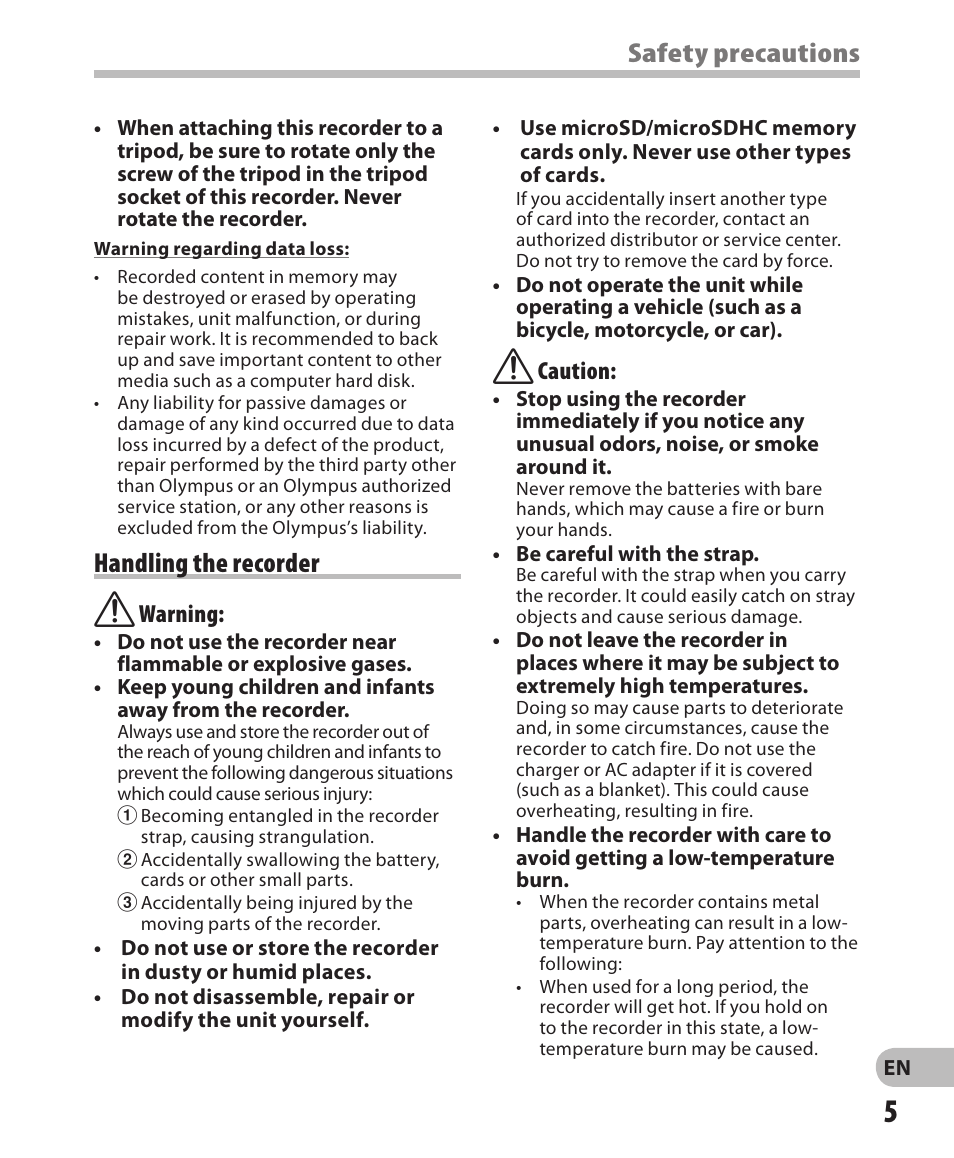 Safety precautions, Handling the recorder | Olympus LS-3 User Manual | Page 5 / 103