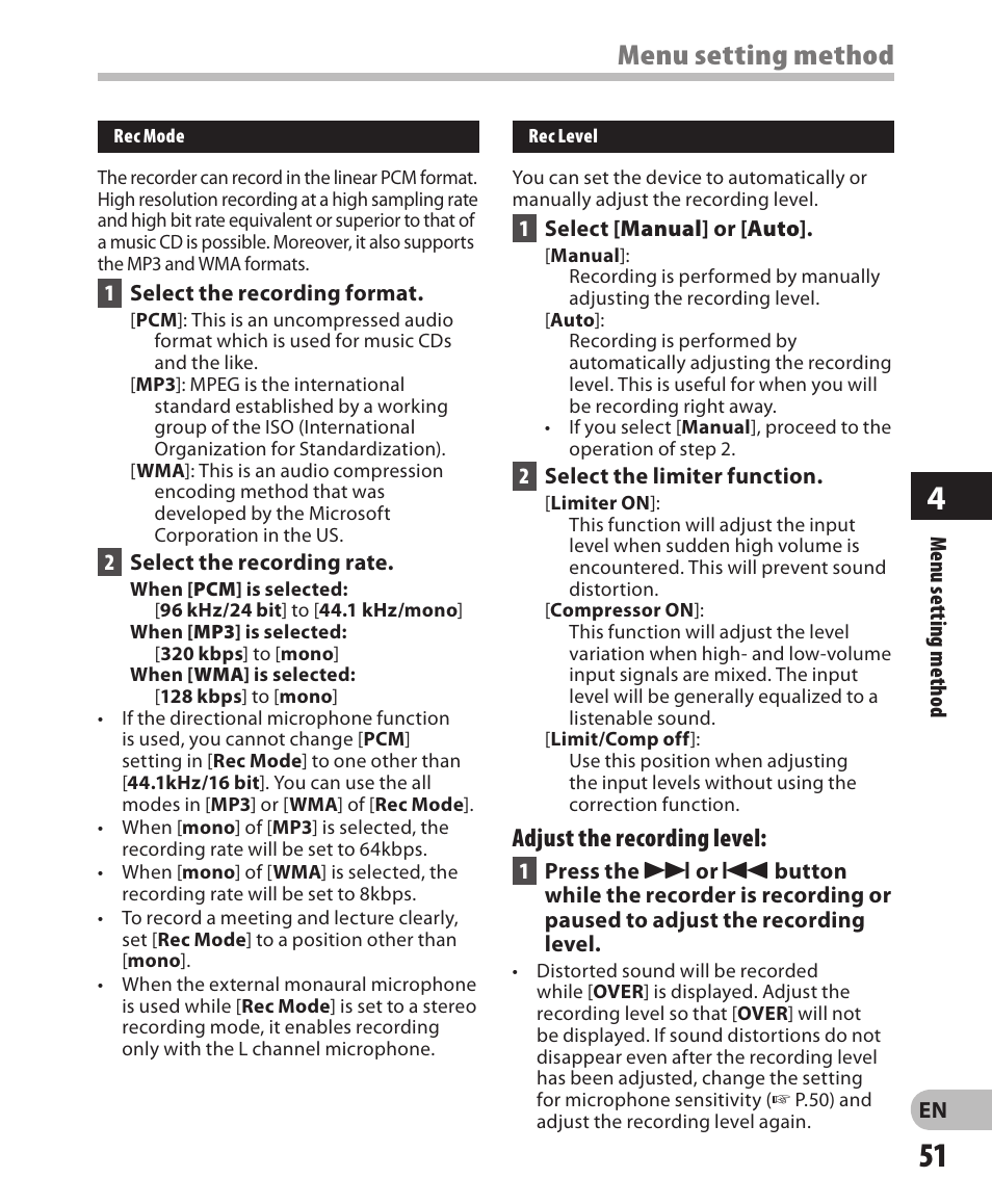 Menu setting method, Adjust the recording level | Olympus LS-3 User Manual | Page 51 / 103