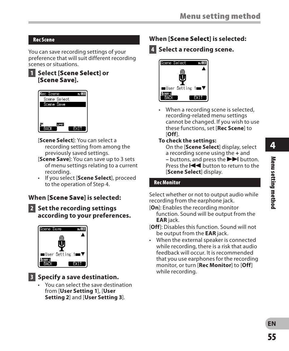 Menu setting method | Olympus LS-3 User Manual | Page 55 / 103