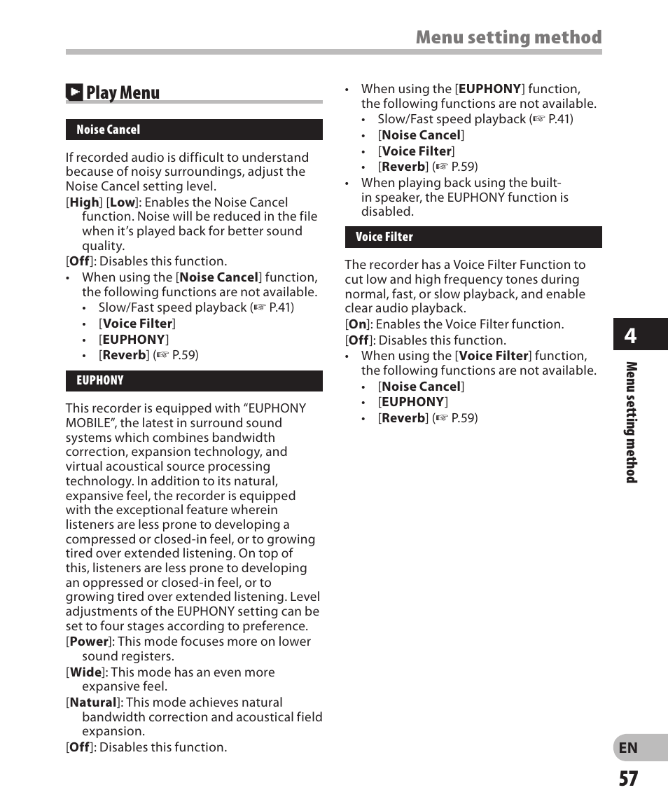 Menu setting method, Play menu | Olympus LS-3 User Manual | Page 57 / 103