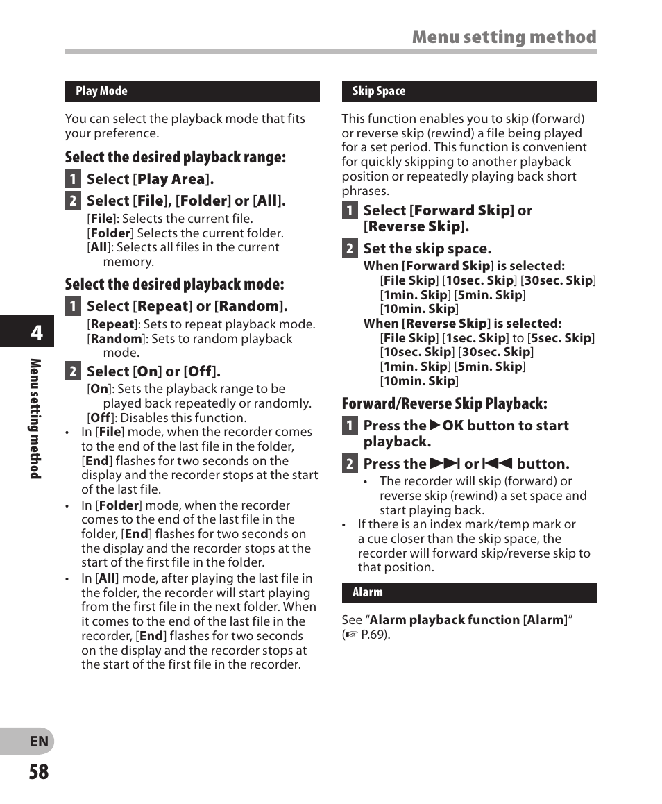 Menu setting method | Olympus LS-3 User Manual | Page 58 / 103