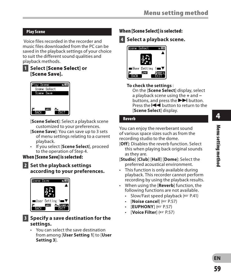 Menu setting method | Olympus LS-3 User Manual | Page 59 / 103