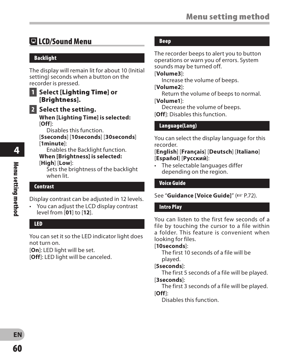 Menu setting method, Lcd/sound menu | Olympus LS-3 User Manual | Page 60 / 103
