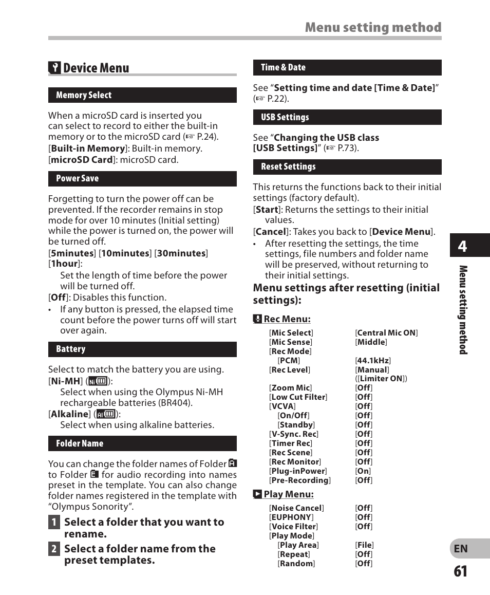 Menu setting method, Device menu | Olympus LS-3 User Manual | Page 61 / 103