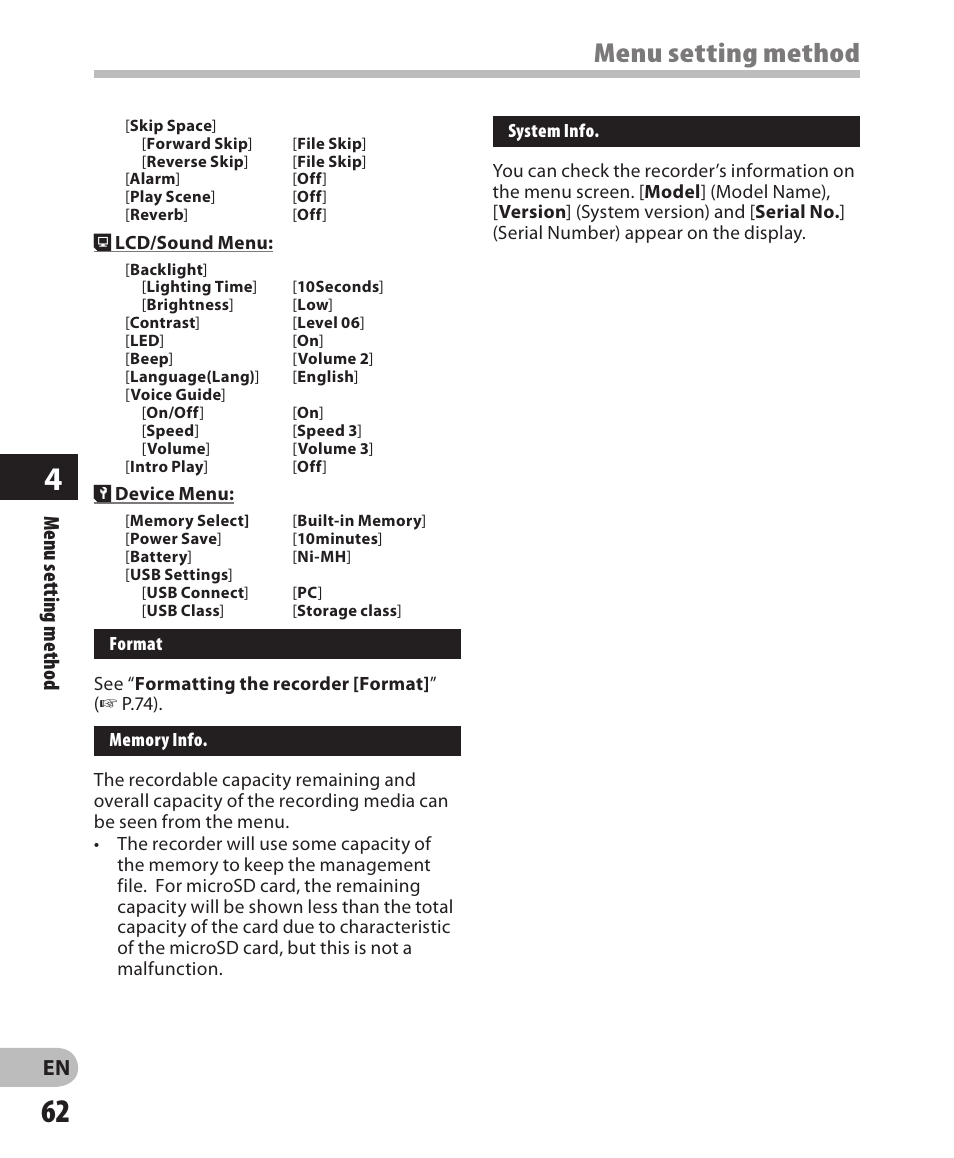 Menu setting method | Olympus LS-3 User Manual | Page 62 / 103