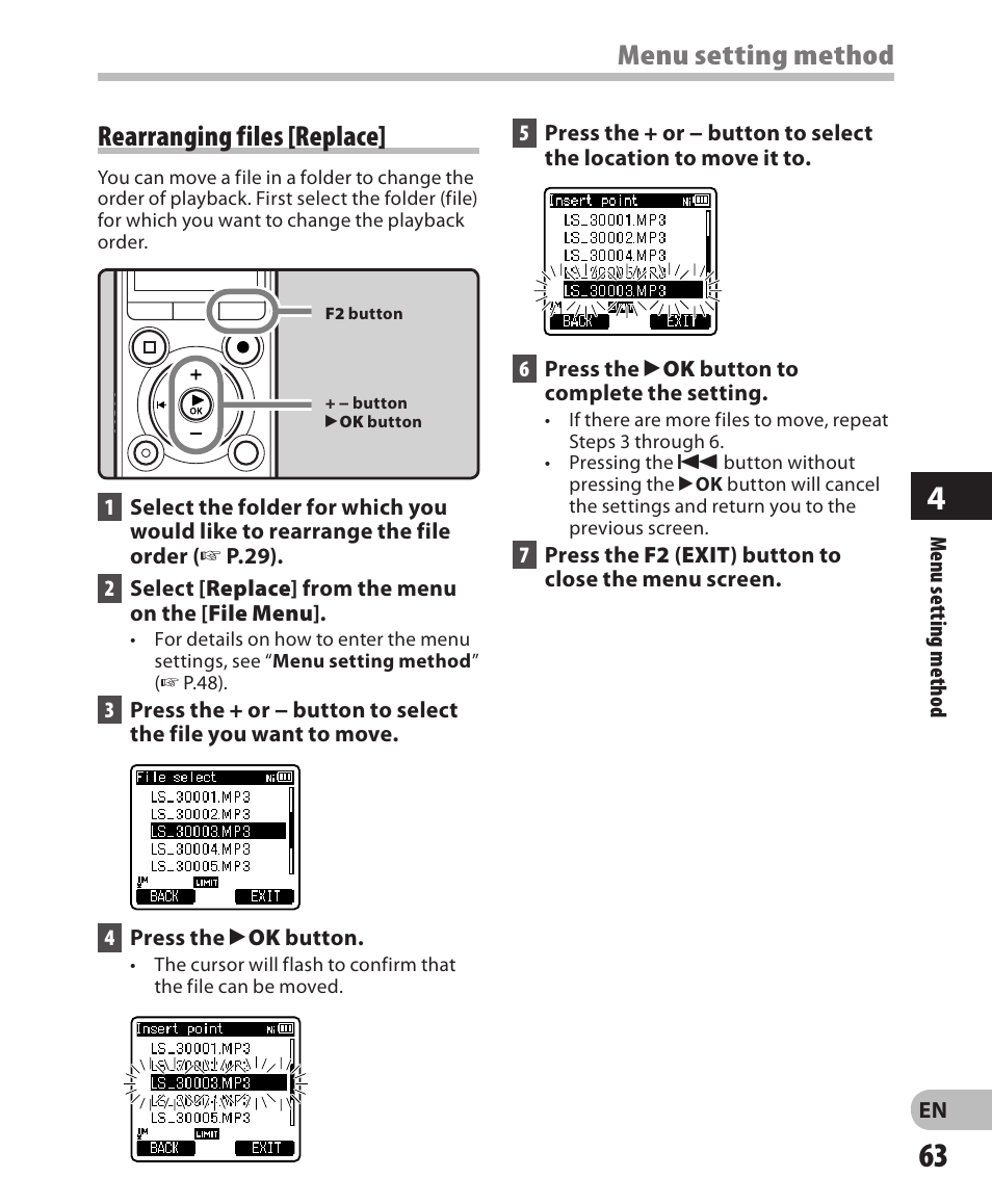 Menu setting method, Rearranging files [replace | Olympus LS-3 User Manual | Page 63 / 103