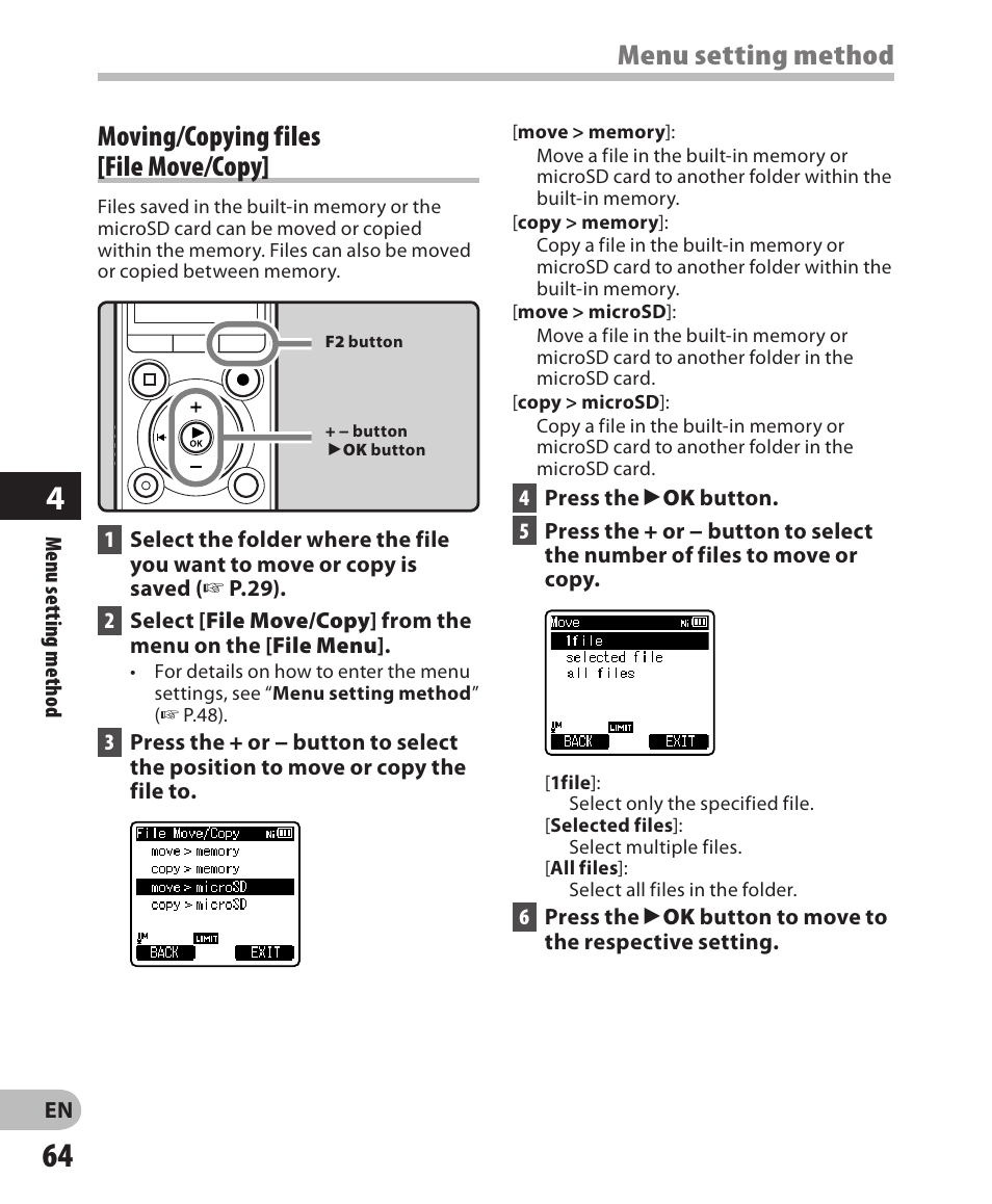 Menu setting method, Moving/copying files [file move/copy | Olympus LS-3 User Manual | Page 64 / 103