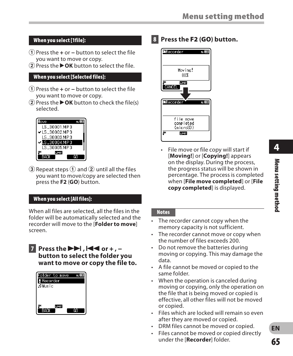 Menu setting method | Olympus LS-3 User Manual | Page 65 / 103