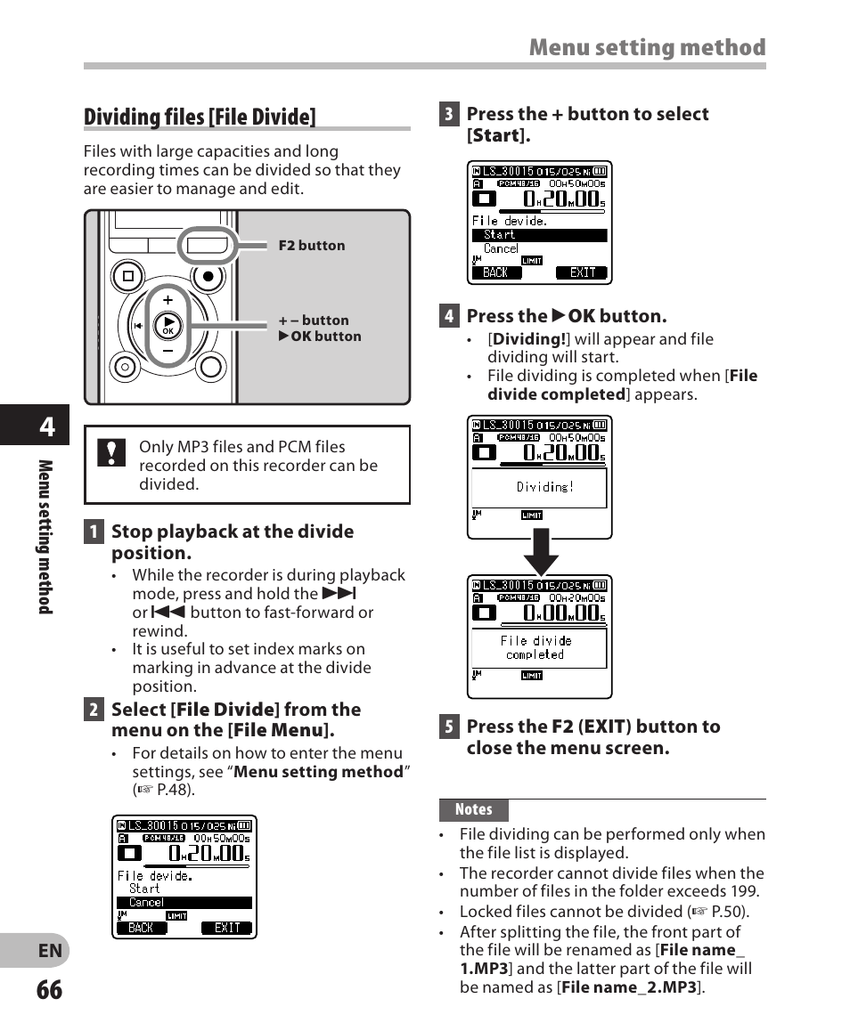 Menu setting method, Dividing files [file divide | Olympus LS-3 User Manual | Page 66 / 103