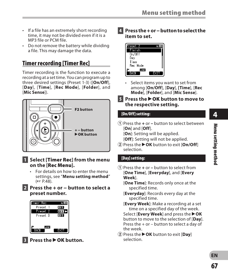 Menu setting method timer recording [timer rec | Olympus LS-3 User Manual | Page 67 / 103