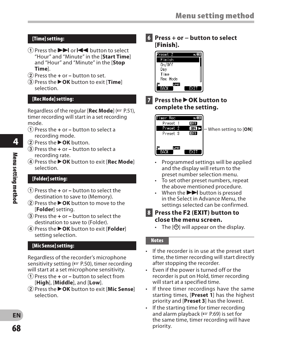 Menu setting method | Olympus LS-3 User Manual | Page 68 / 103