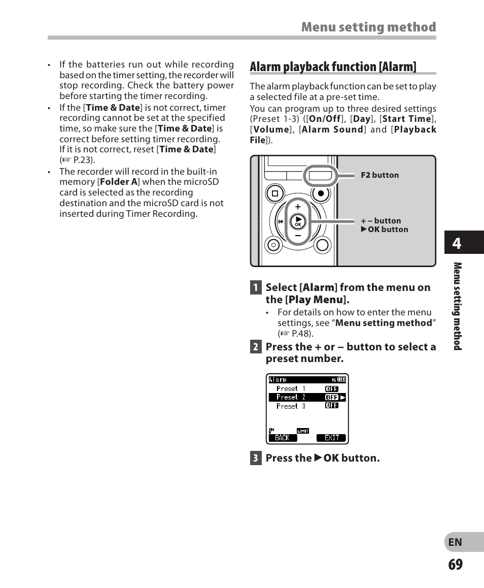Menu setting method, Alarm playback function [alarm | Olympus LS-3 User Manual | Page 69 / 103