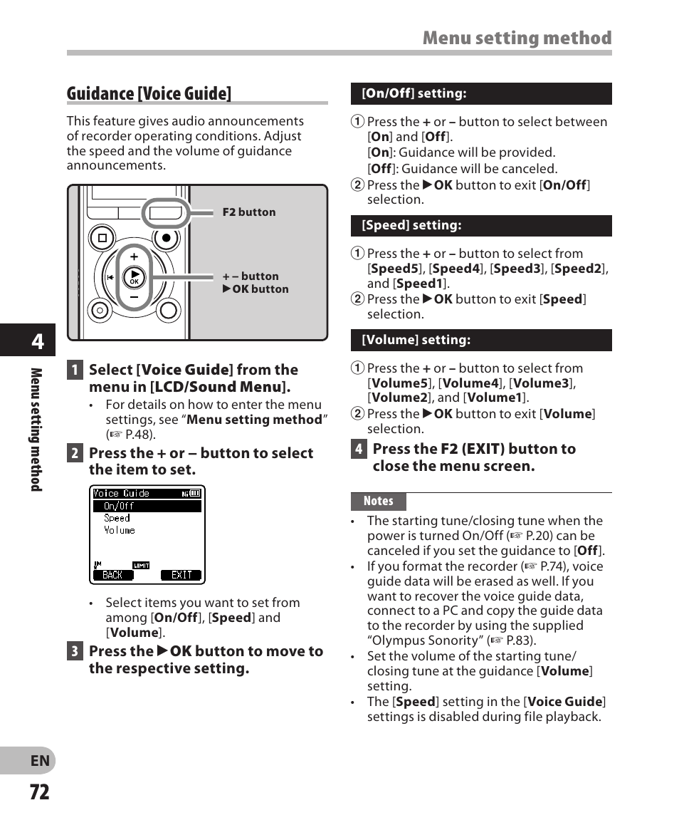Menu setting method, Guidance [voice guide | Olympus LS-3 User Manual | Page 72 / 103