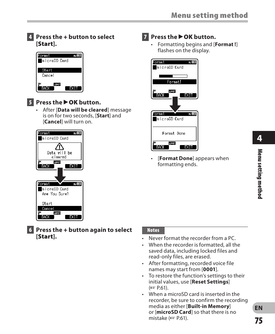 Menu setting method | Olympus LS-3 User Manual | Page 75 / 103