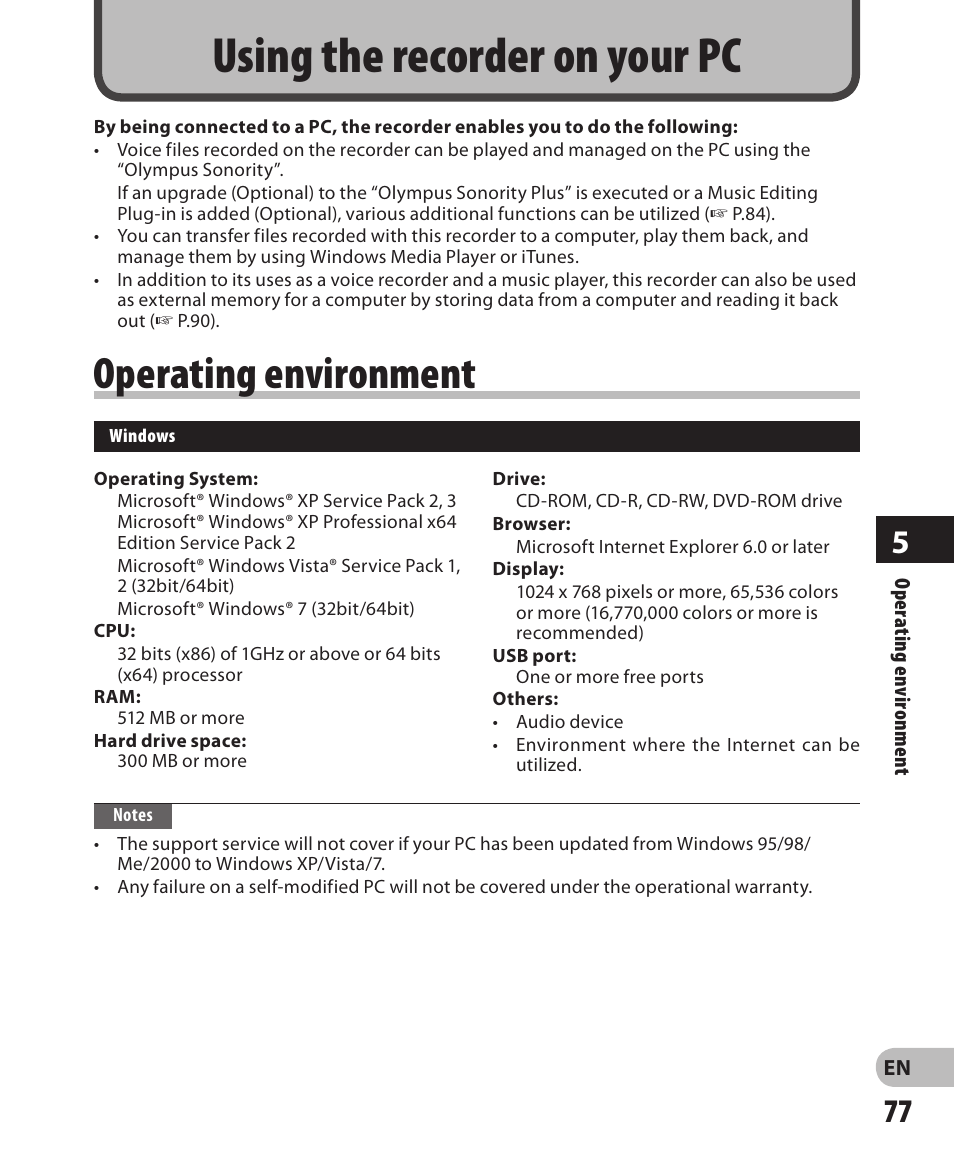 Using the recorder on your pc, Operating environment | Olympus LS-3 User Manual | Page 77 / 103