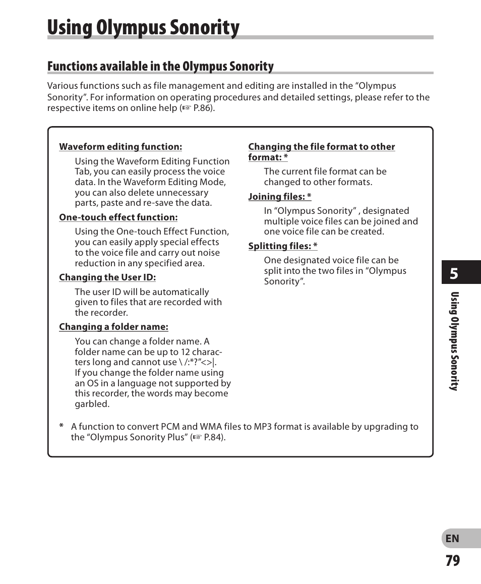 Using olympus sonority, Functions available in the olympus sonority | Olympus LS-3 User Manual | Page 79 / 103