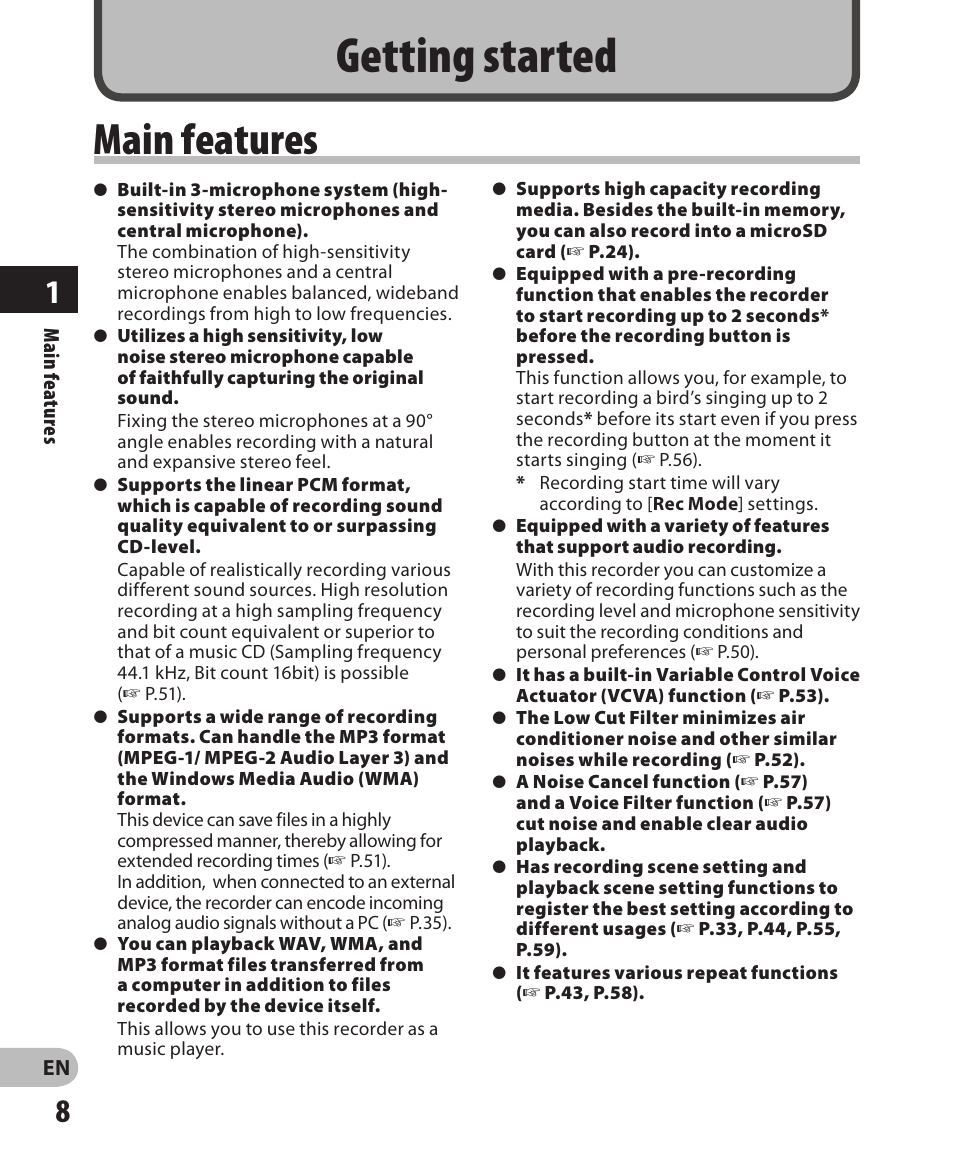 Getting started, Main features | Olympus LS-3 User Manual | Page 8 / 103