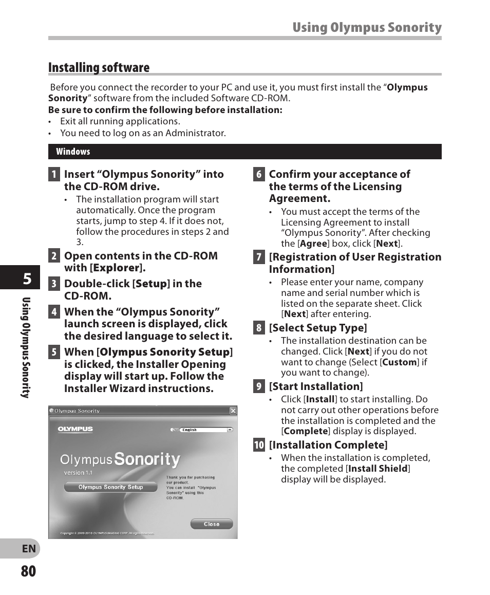 Using olympus sonority, Installing software | Olympus LS-3 User Manual | Page 80 / 103