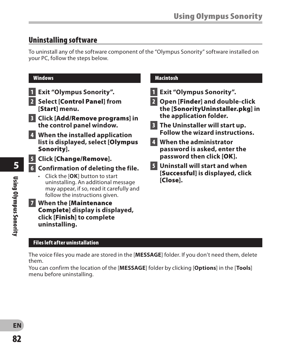 Using olympus sonority, Uninstalling software | Olympus LS-3 User Manual | Page 82 / 103