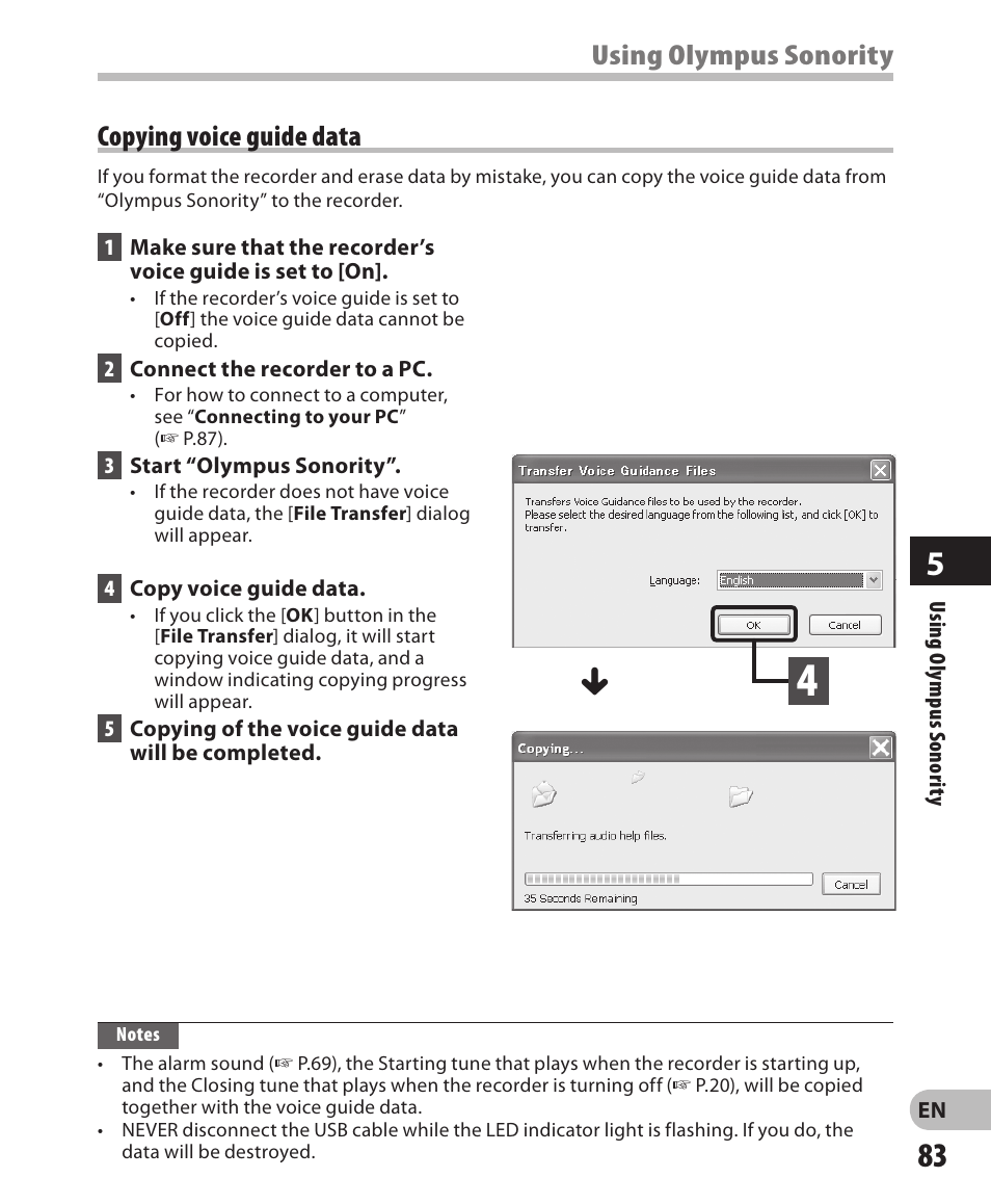 Using olympus sonority, Copying voice guide data | Olympus LS-3 User Manual | Page 83 / 103