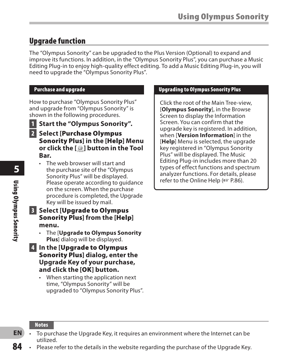 Using olympus sonority, Upgrade function | Olympus LS-3 User Manual | Page 84 / 103