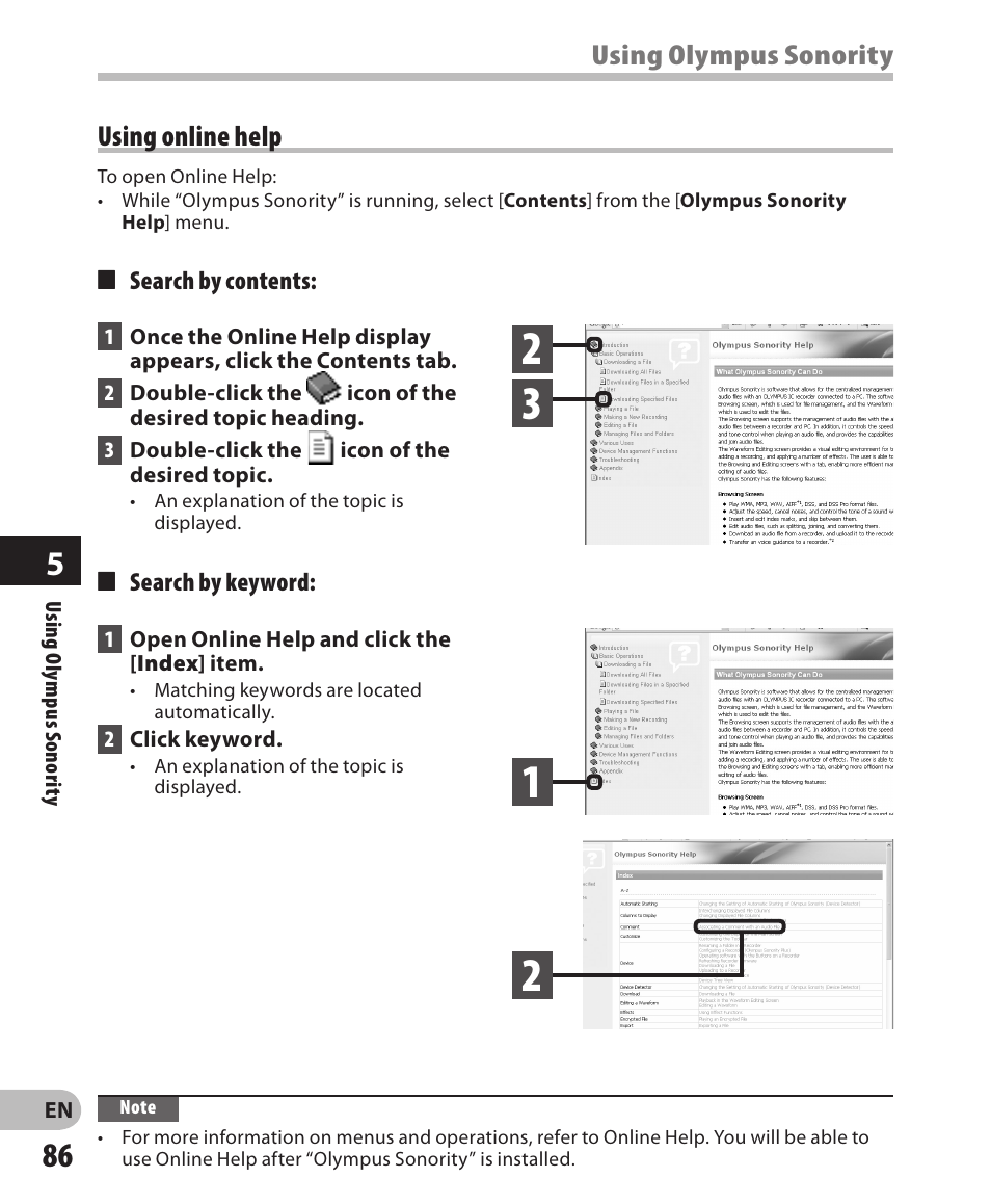 Using olympus sonority, Using online help | Olympus LS-3 User Manual | Page 86 / 103