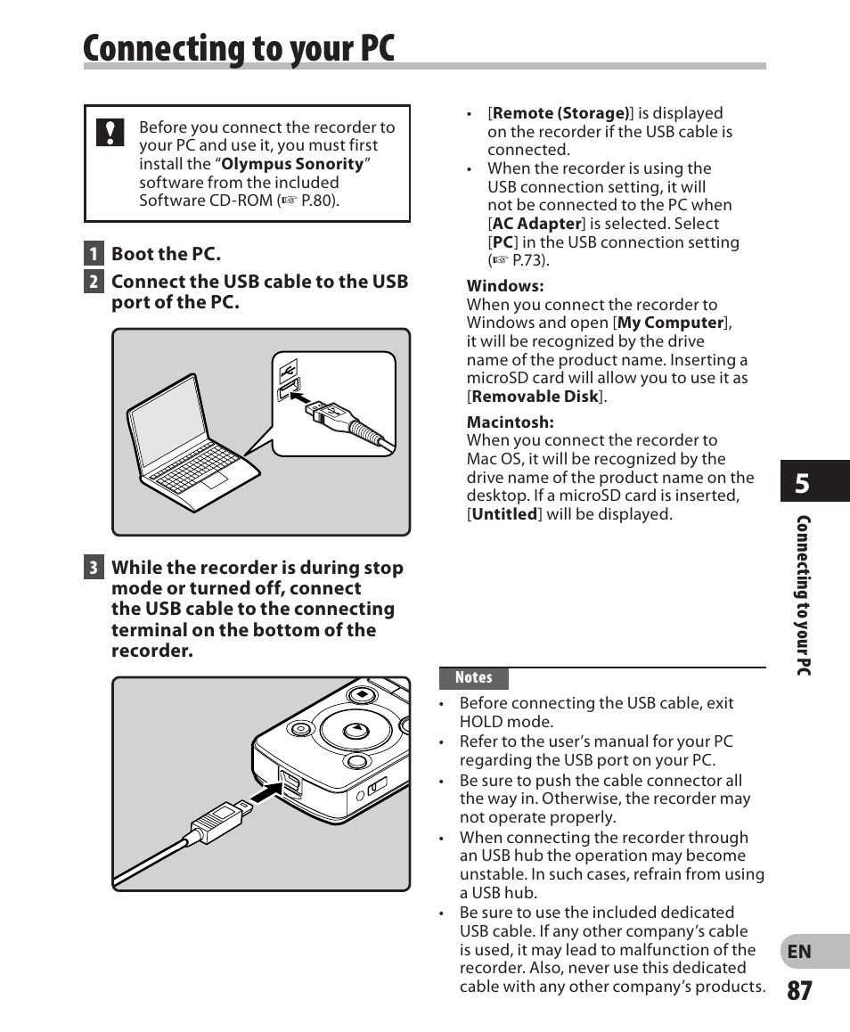 Connecting to your pc | Olympus LS-3 User Manual | Page 87 / 103