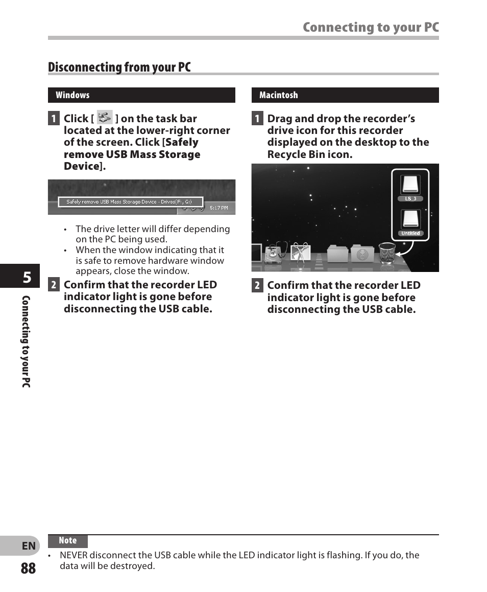 Connecting to your pc disconnecting from your pc | Olympus LS-3 User Manual | Page 88 / 103
