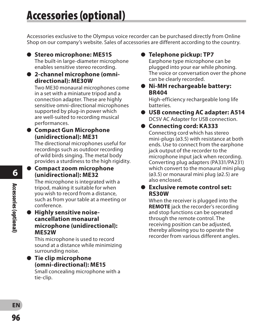 Accessories (optional) | Olympus LS-3 User Manual | Page 96 / 103