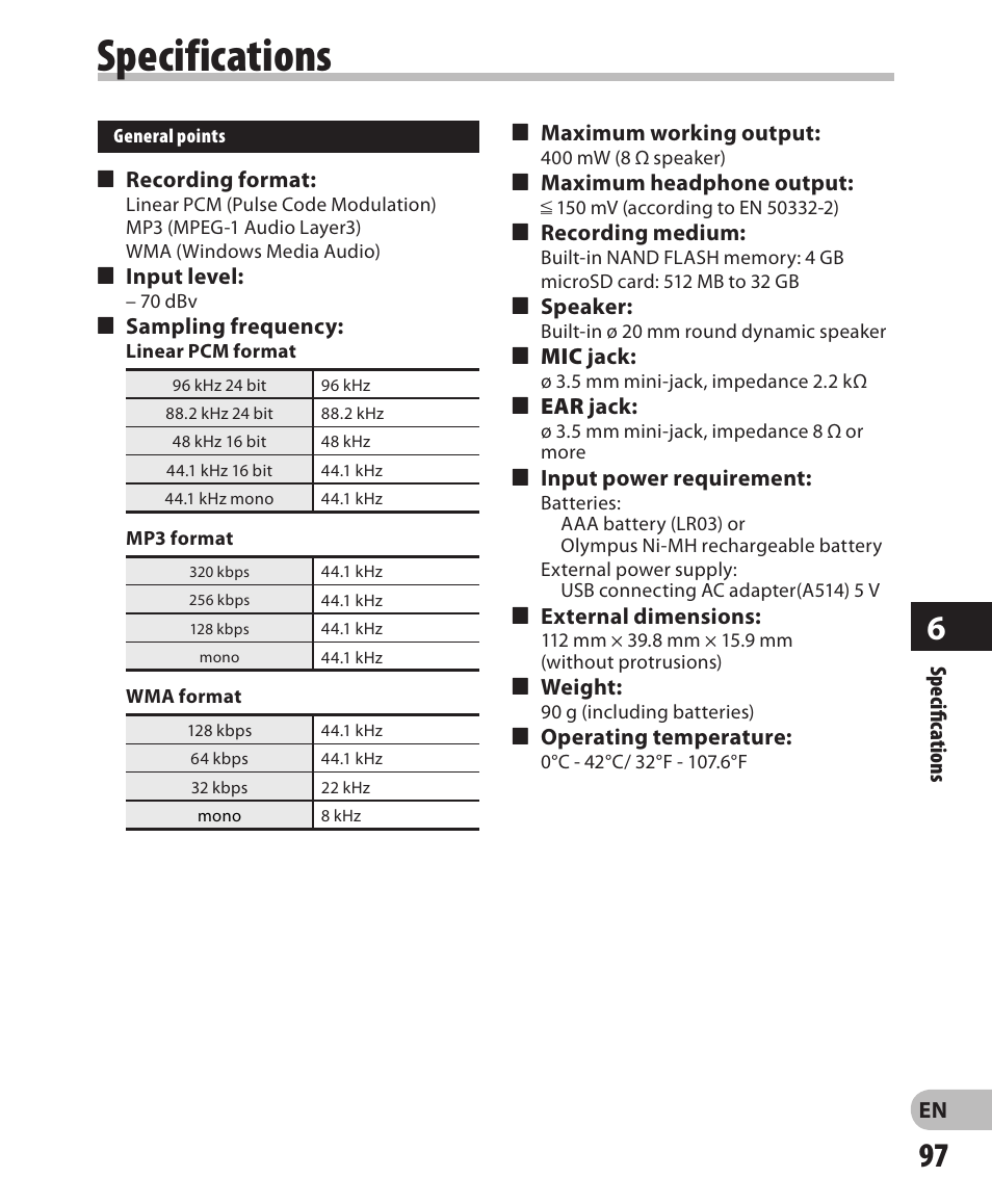 Specifications | Olympus LS-3 User Manual | Page 97 / 103