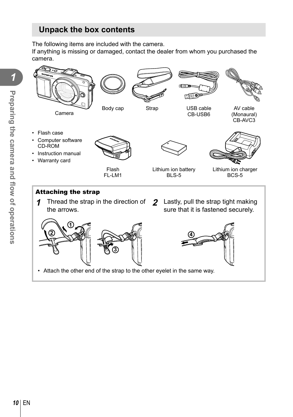 Unpack the box contents, Preparing the camera and fl ow of operations | Olympus E-PM2 User Manual | Page 10 / 133