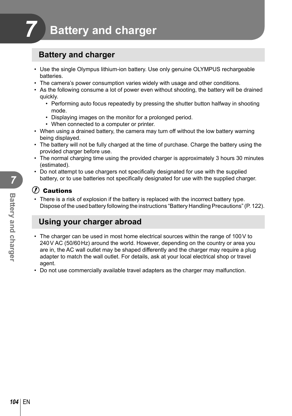 Battery and charger, Using your charger abroad | Olympus E-PM2 User Manual | Page 104 / 133