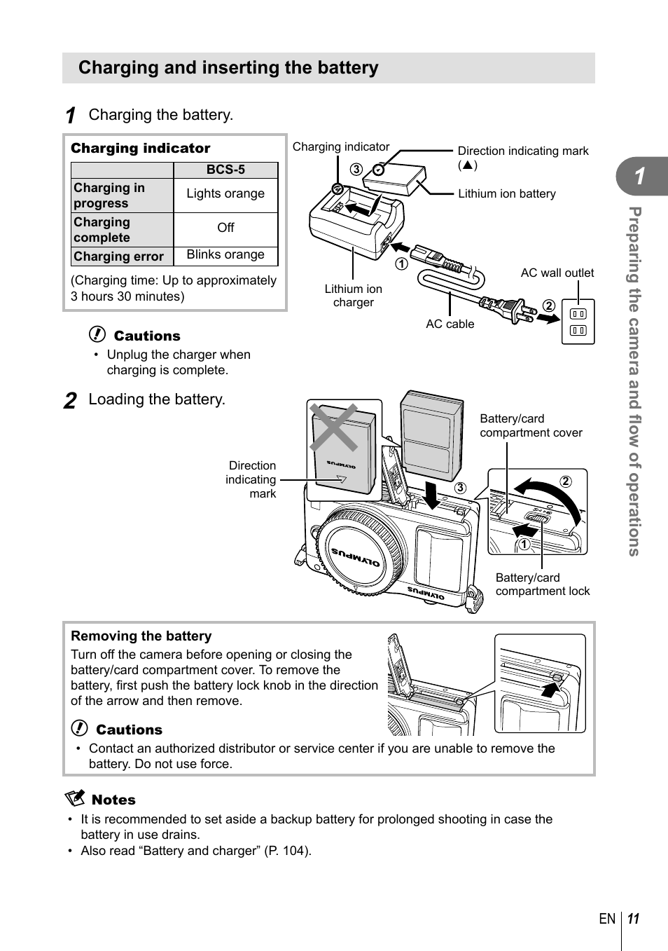 Charging and inserting the battery, Preparing the camera and fl ow of operations | Olympus E-PM2 User Manual | Page 11 / 133