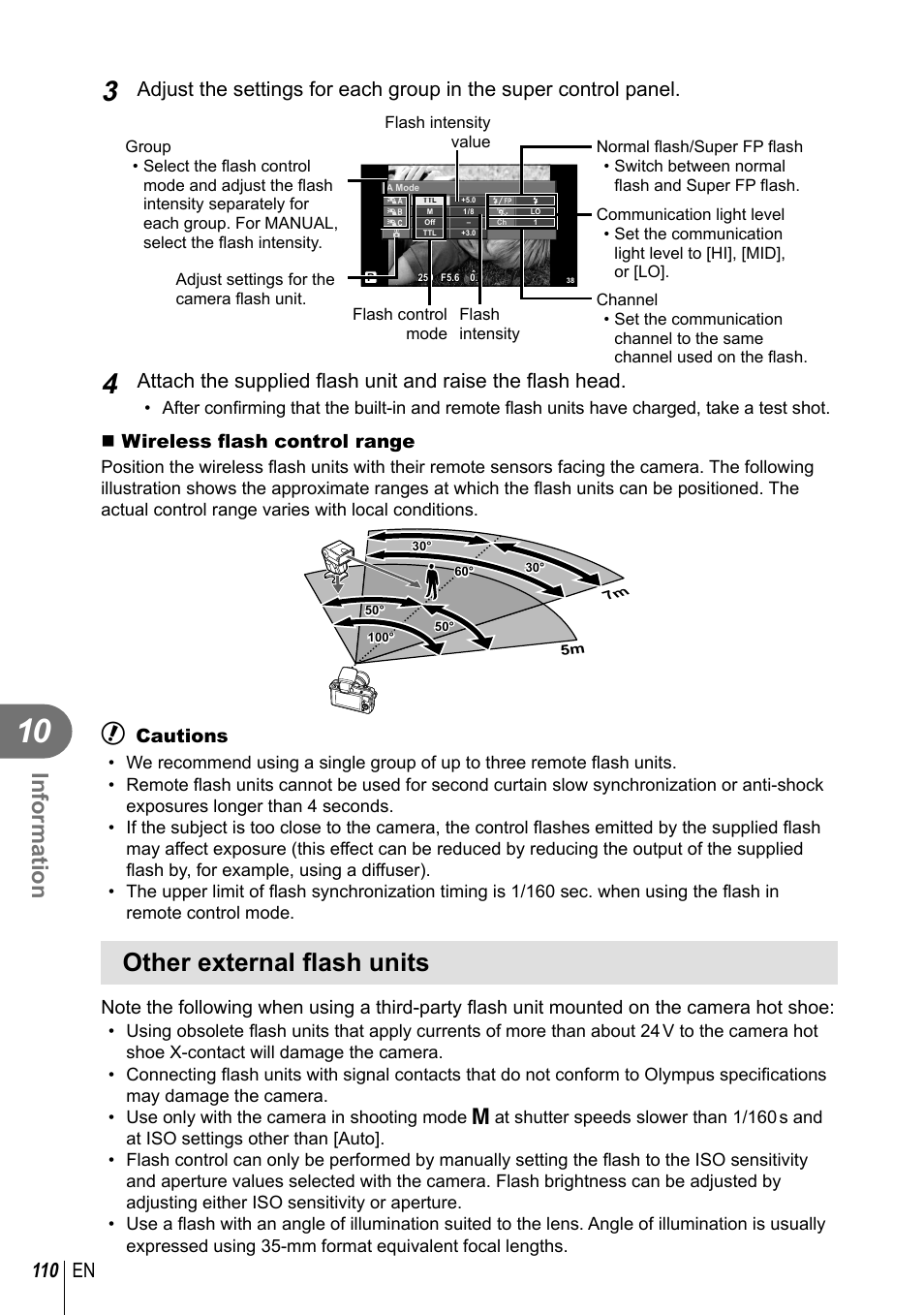 Other external fl ash units, Information, 110 en | Wireless fl ash control range, Cautions | Olympus E-PM2 User Manual | Page 110 / 133