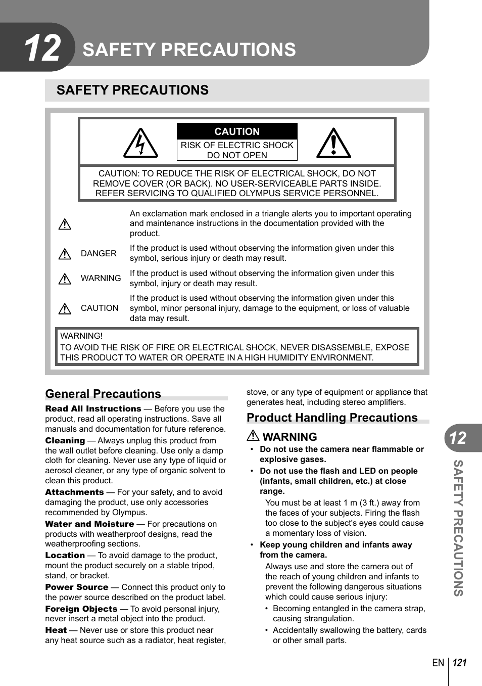 Safety precautions, General precautions, Product handling precautions | Olympus E-PM2 User Manual | Page 121 / 133