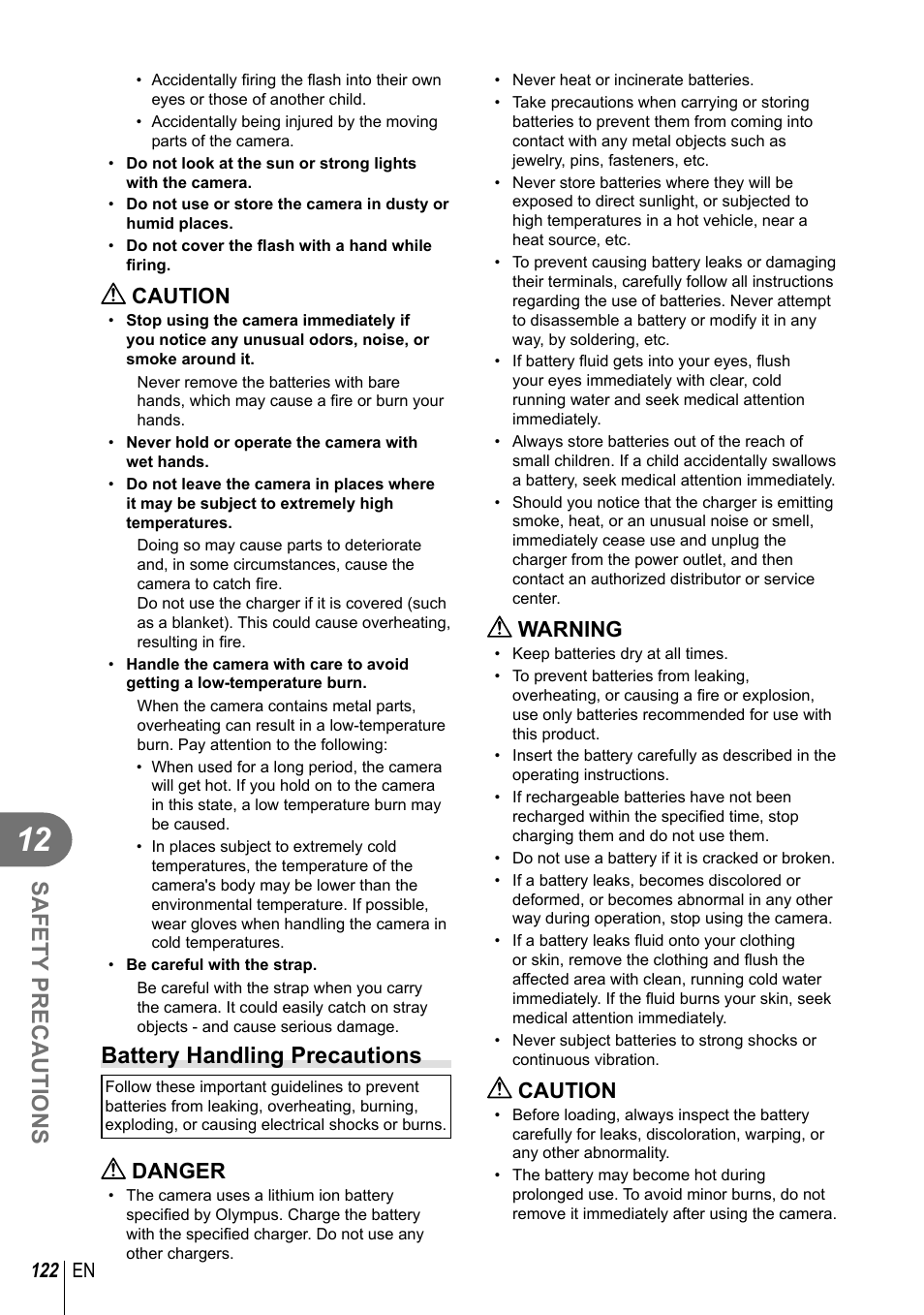 Safety precautions, Battery handling precautions, Caution | Danger, Warning, 122 en | Olympus E-PM2 User Manual | Page 122 / 133